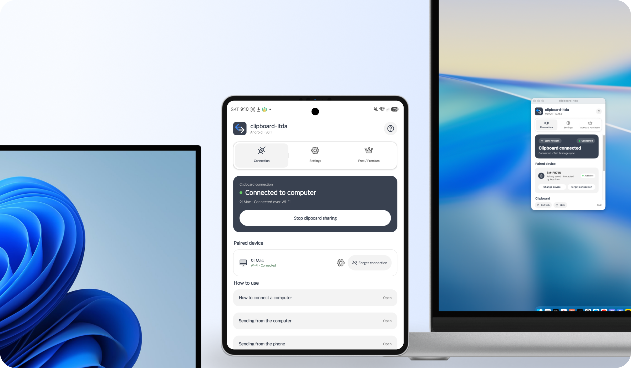 clipboard-itdaのAndroidアプリを表示したワイド折りたたみ端末とWindows・Macの画面